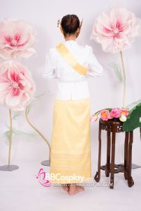 Đồ Khmer Áo Trắng Tay Phồng Váy Gấm Vàng Kèm Khăn Vai