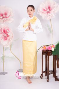 Đồ Khmer Áo Trắng Tay Phồng Váy Gấm Vàng Kèm Khăn Vai