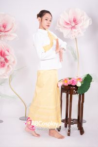 Đồ Khmer Áo Trắng Tay Phồng Váy Gấm Vàng Kèm Khăn Vai