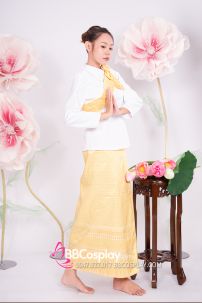 Đồ Khmer Áo Trắng Tay Phồng Váy Gấm Vàng Kèm Khăn Vai