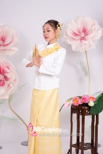 Đồ Khmer Áo Trắng Tay Phồng Váy Gấm Vàng Kèm Khăn Vai