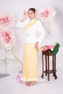 Trang Phục Khmer Áo Trắng Tay Phồng Váy Gấm Vàng Kèm Khăn Vai