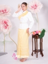 Trang Phục Khmer Áo Trắng Tay Phồng Váy Gấm Vàng Kèm Khăn Vai