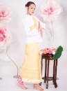 Trang Phục Khmer Áo Trắng Tay Phồng Váy Gấm Vàng Kèm Khăn Vai