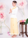 Trang Phục Khmer Áo Trắng Tay Phồng Váy Gấm Vàng Kèm Khăn Vai