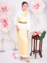 Trang Phục Khmer Áo Trắng Tay Phồng Váy Gấm Vàng Kèm Khăn Vai