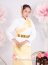 Trang Phục Khmer Áo Trắng Tay Phồng Váy Gấm Vàng Kèm Khăn Vai