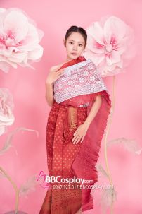 Đồ Thái Lan Gấm Đỏ Senbai Trắng Nhũ Tone Trắng Đỏ