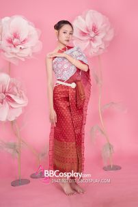 Đồ Thái Lan Gấm Đỏ Senbai Trắng Nhũ Tone Trắng Đỏ