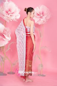 Đồ Thái Lan Gấm Đỏ Senbai Trắng Nhũ Tone Trắng Đỏ