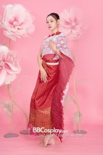 Đồ Thái Lan Gấm Đỏ Senbai Trắng Nhũ Tone Trắng Đỏ