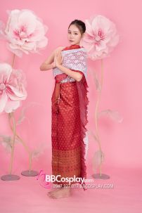 Đồ Thái Lan Gấm Đỏ Senbai Trắng Nhũ Tone Trắng Đỏ