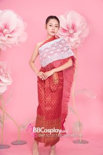 Đồ Thái Lan Gấm Đỏ Senbai Trắng Nhũ Tone Trắng Đỏ