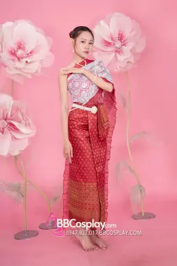 Trang Phục Thái Lan Gấm Đỏ Senbai Trắng Nhũ Tone Trắng Đỏ
