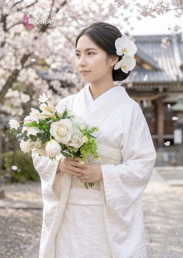 Kimono Trắng Gấm Hoa Quỳnh