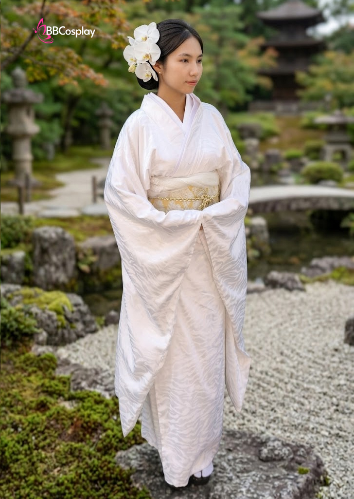 Kimono Trắng Gấm Hoa Quỳnh