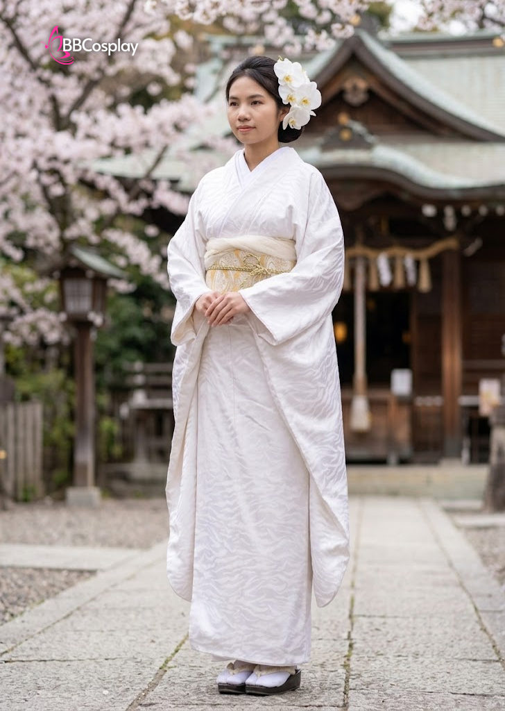 Kimono Trắng Gấm Hoa Quỳnh