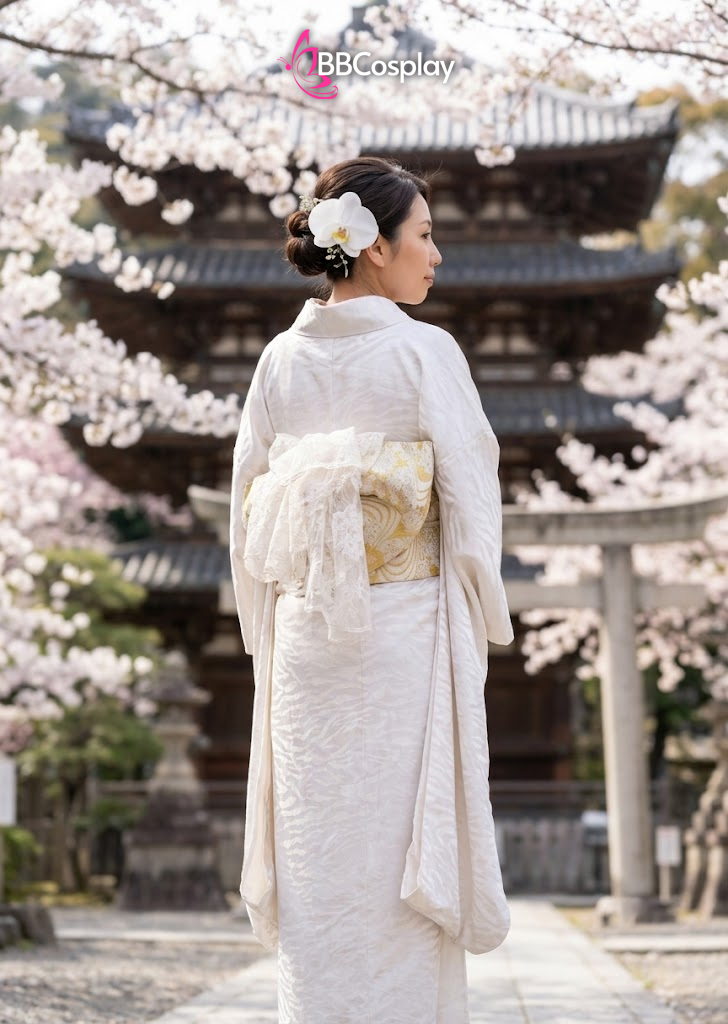 Kimono Trắng Gấm Hoa Quỳnh