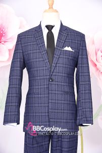 Vest Chú Rể Xanh Navy Caro Kép