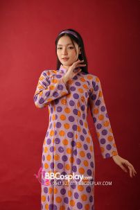 Áo Dài Cô Ba Sài Gòn Tím Chấm Bi Tím Cam