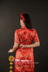 Áo Dài Đỏ Gấm Hoa Mai Cách Tân