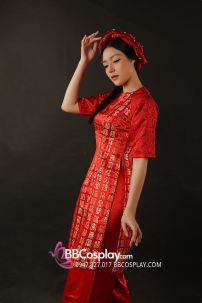 Áo Dài Đỏ Cách Tân Hoạ Tiết Chữ Nho