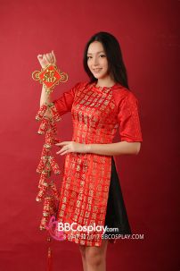 Áo Dài Đỏ Cách Tân Hoạ Tiết Chữ Nho