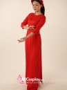 Áo Dài Đỏ Gấm Cổ Tròn Viền Ngọc Trai