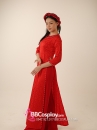 Áo Dài Đỏ Gấm Cổ Tròn Viền Ngọc Trai