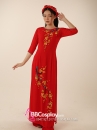 Áo Dài Đỏ Gấm Cổ Tròn Vẽ Tay Hình Nhánh Mai Ngày Xuân