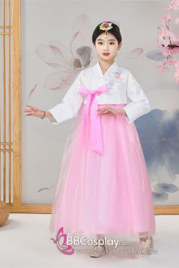 Hanbok Trẻ Em Áo Trắng Thêu Hoa Váy Hồng Voan