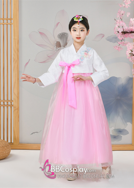 Hanbok Trẻ Em Áo Trắng Thêu Hoa Váy Hồng Voan