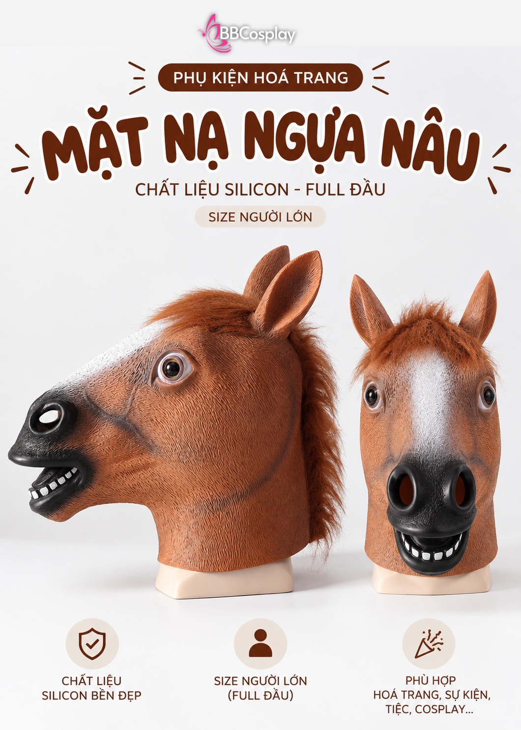 Mặt Nạ Ngựa Silicon Đầu Ngựa - Màu Nâu
