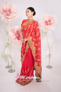Đồ Sari Ấn Độ Hồng Cam Thêu Chỉ Vàng