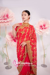 Đồ Sari Ấn Độ Hồng Cam Thêu Chỉ Vàng