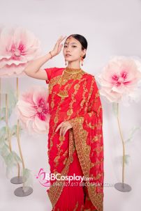 Đồ Sari Ấn Độ Hồng Cam Thêu Chỉ Vàng