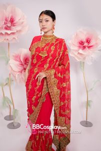 Đồ Sari Ấn Độ Hồng Cam Thêu Chỉ Vàng