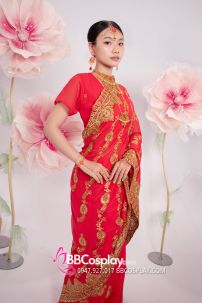 Đồ Sari Ấn Độ Hồng Cam Thêu Chỉ Vàng