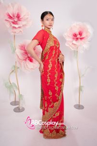 Đồ Sari Ấn Độ Hồng Cam Thêu Chỉ Vàng