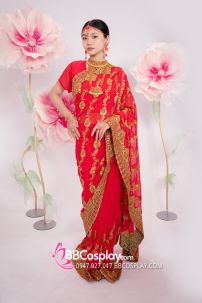 Đồ Sari Ấn Độ Hồng Cam Thêu Chỉ Vàng