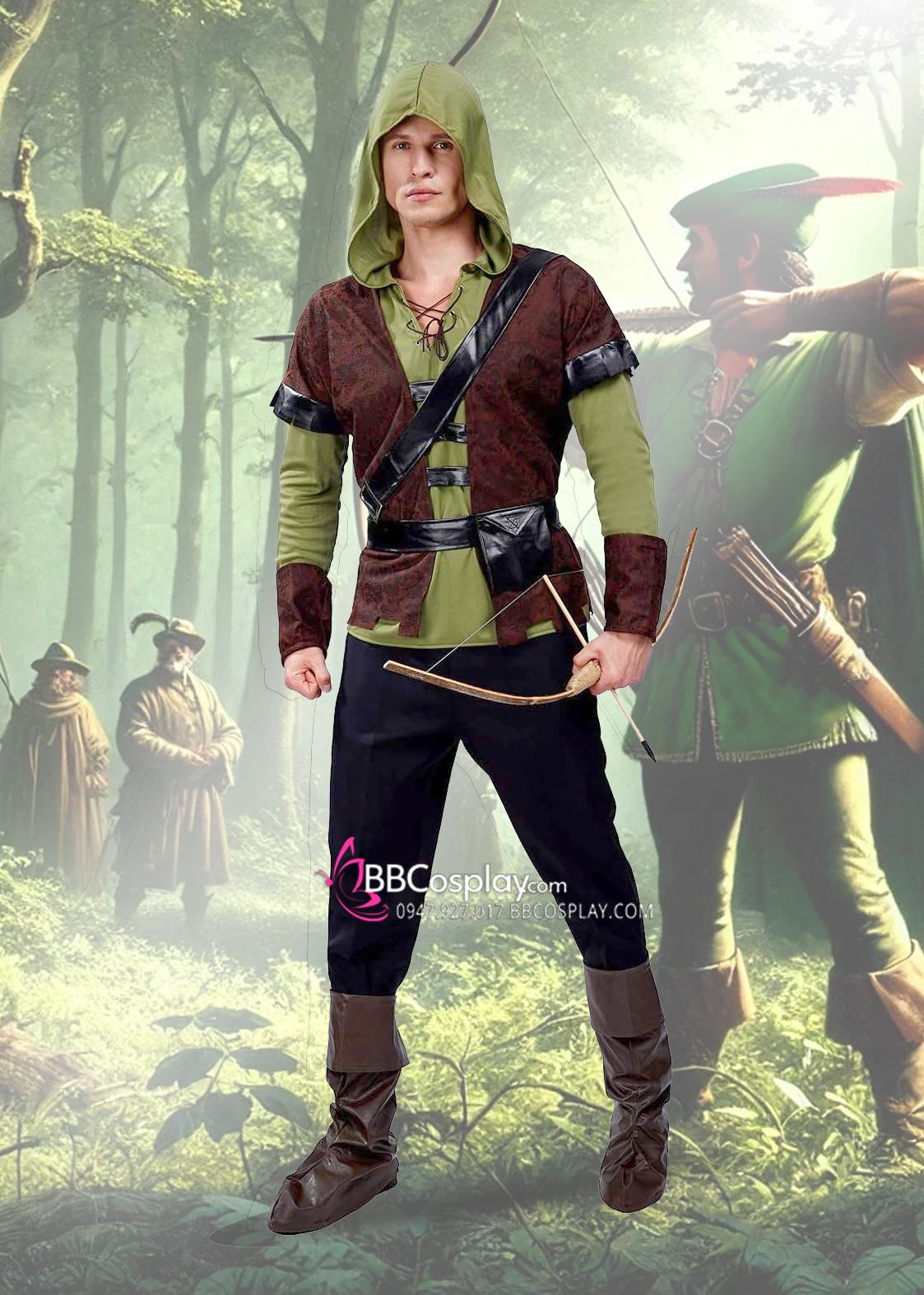 Trang Phục Robin Hood - Áo Xanh Có Nón Kèm Khoác Nâu