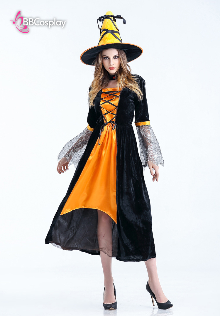 Đầm Cosplay Phù Thủy Nhung Đen Phối Cam Kèm Mũ Chóp