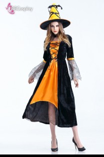 Đầm Cosplay Phù Thủy Nhung Đen Phối Cam Kèm Mũ Chóp