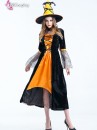 Đầm Cosplay Phù Thủy Nhung Đen Phối Cam Kèm Mũ Chóp
