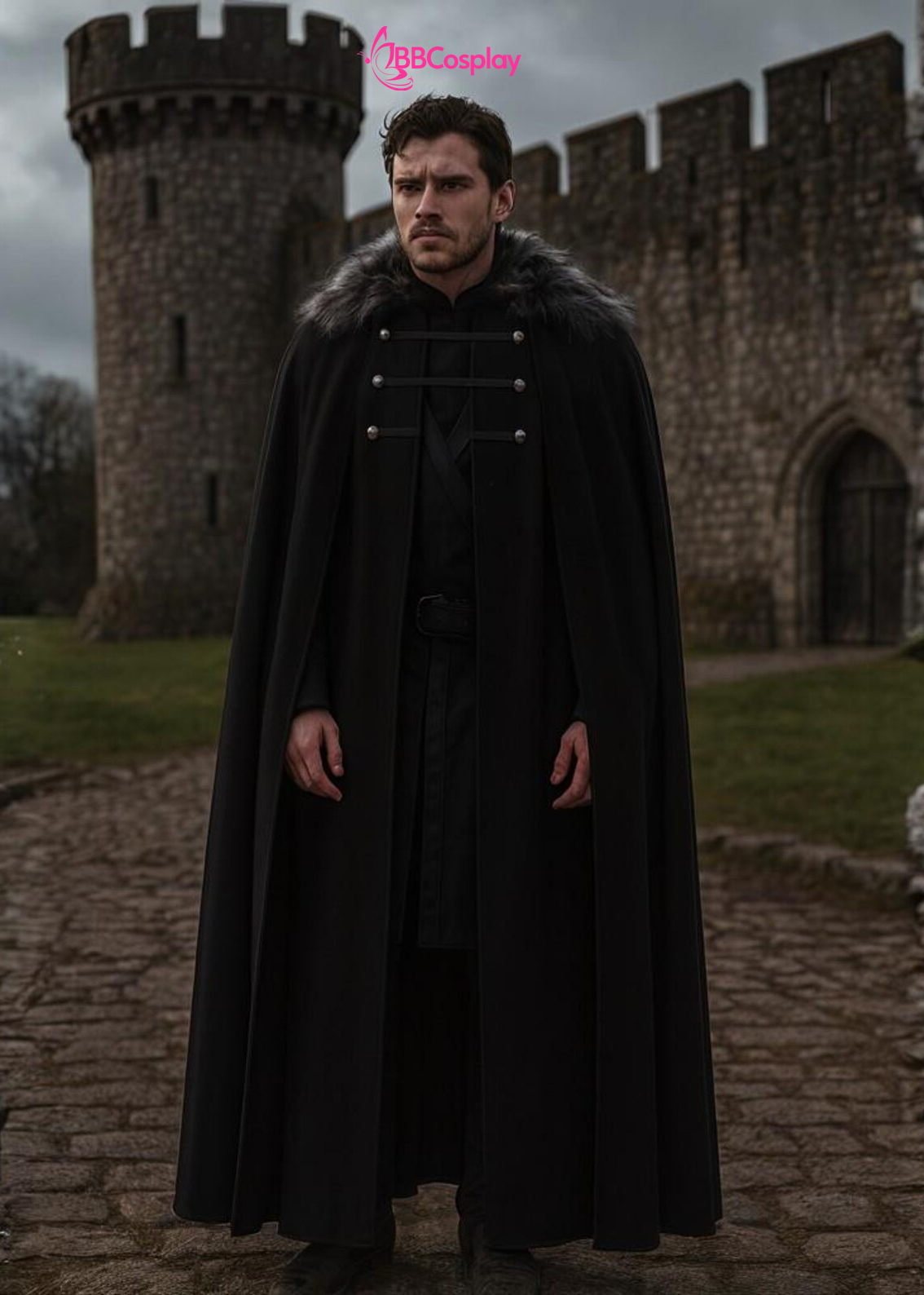 Áo Choàng Trung Cổ Vải Nhung Kèm Nón Trùm - Màu Đen Viền Lông