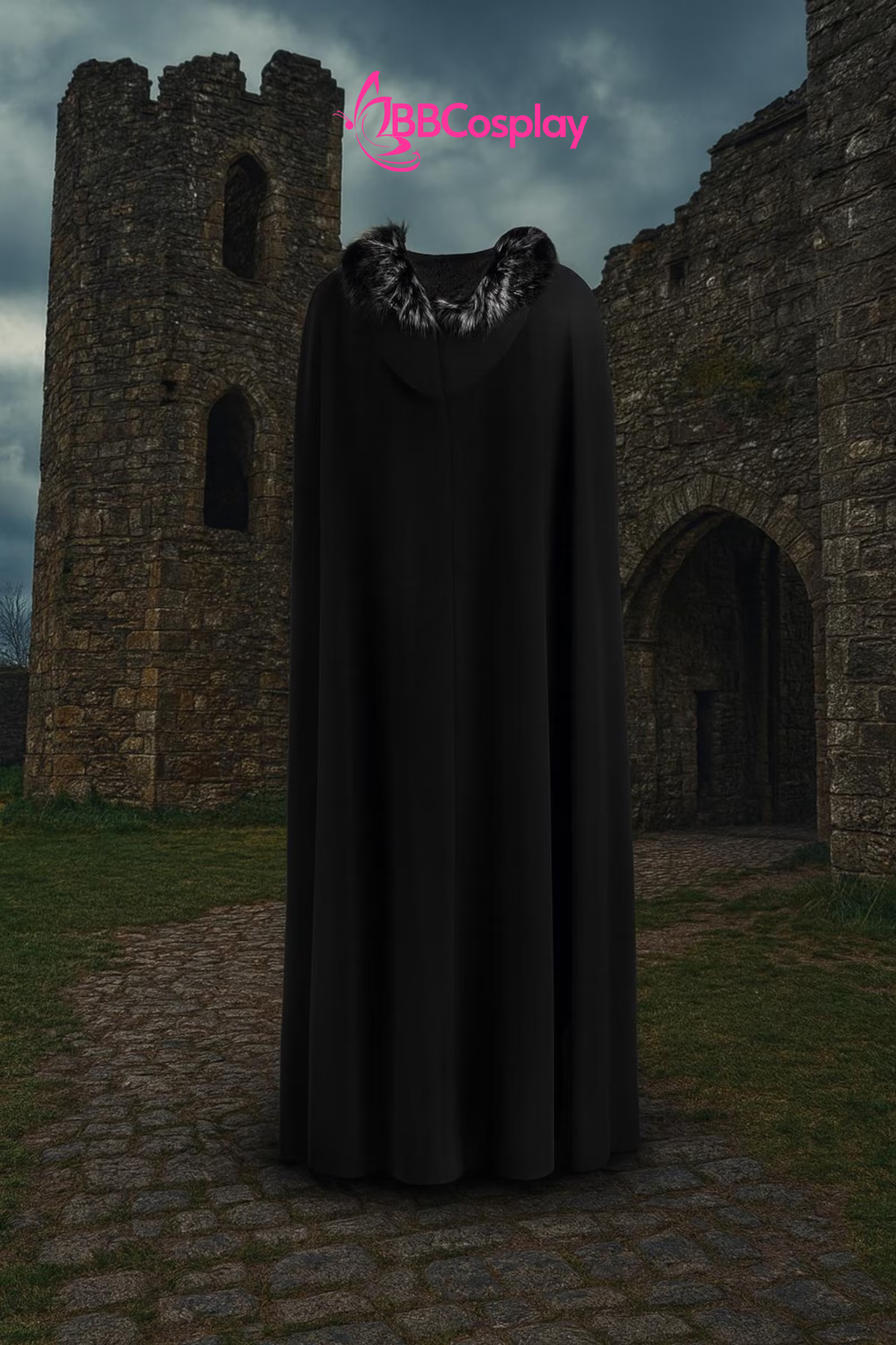 Áo Choàng Trung Cổ Vải Nhung Kèm Nón Trùm - Màu Đen Viền Lông