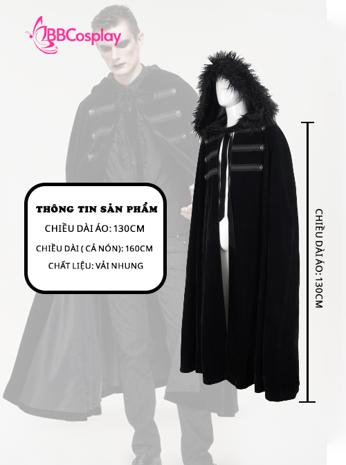 Áo Choàng Trung Cổ Vải Nhung Kèm Nón Trùm - Màu Đen Viền Lông