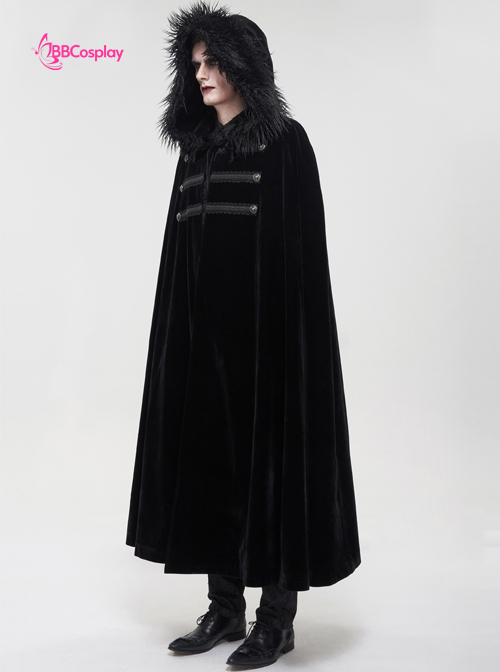 Áo Choàng Trung Cổ Vải Nhung Kèm Nón Trùm - Màu Đen Viền Lông