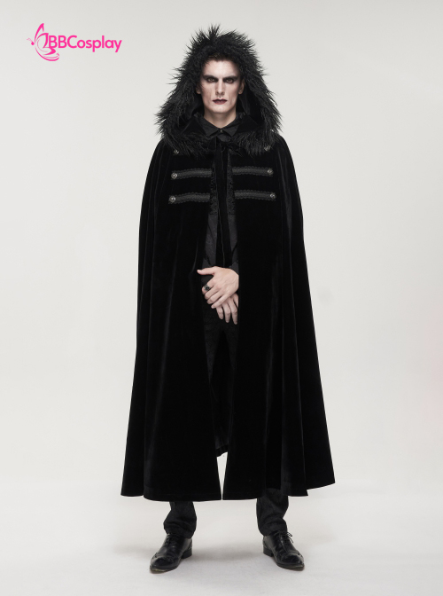 Áo Choàng Trung Cổ Vải Nhung Kèm Nón Trùm - Màu Đen Viền Lông