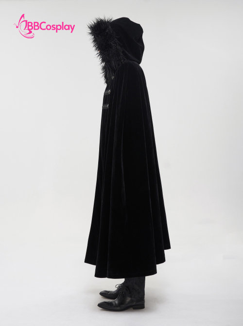 Áo Choàng Trung Cổ Vải Nhung Kèm Nón Trùm - Màu Đen Viền Lông